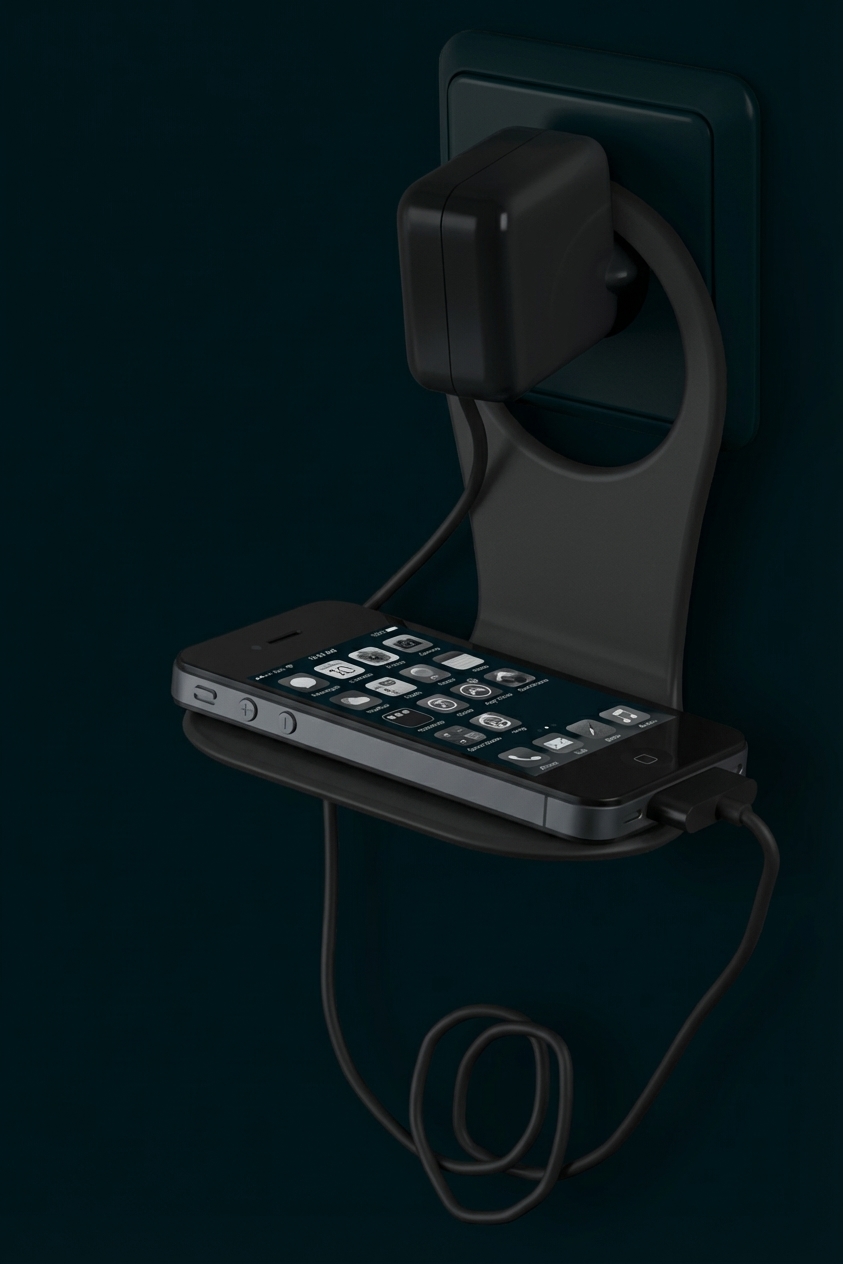 Smartphone auf kleinem Wandhalter beim Laden, Steckdose und Ladekabel sichtbar